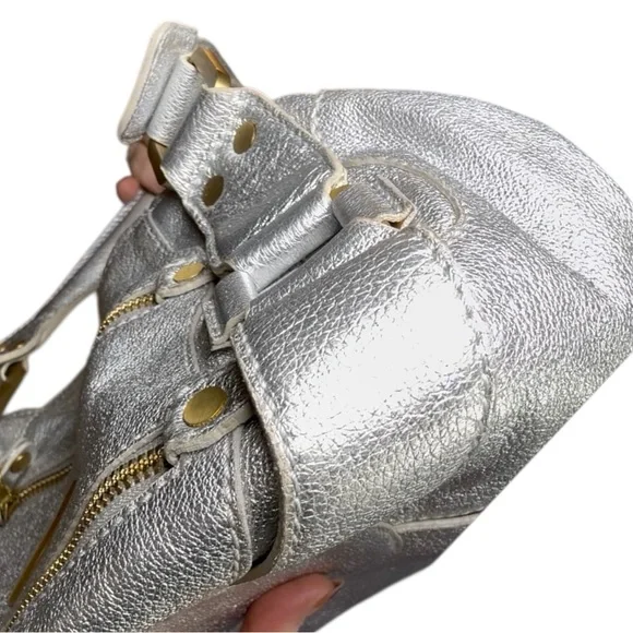 Jimmy Choo Mahala Tote Metallic Silver Leather Gold Hardware Shoulder Bags